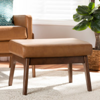 Baxton Studio Bianca-Tan/Walnut Brown-Otto Bianca Mid-Century Modern Walnut Brown Finished Wood and Tan Faux Leather Effect Ottomane